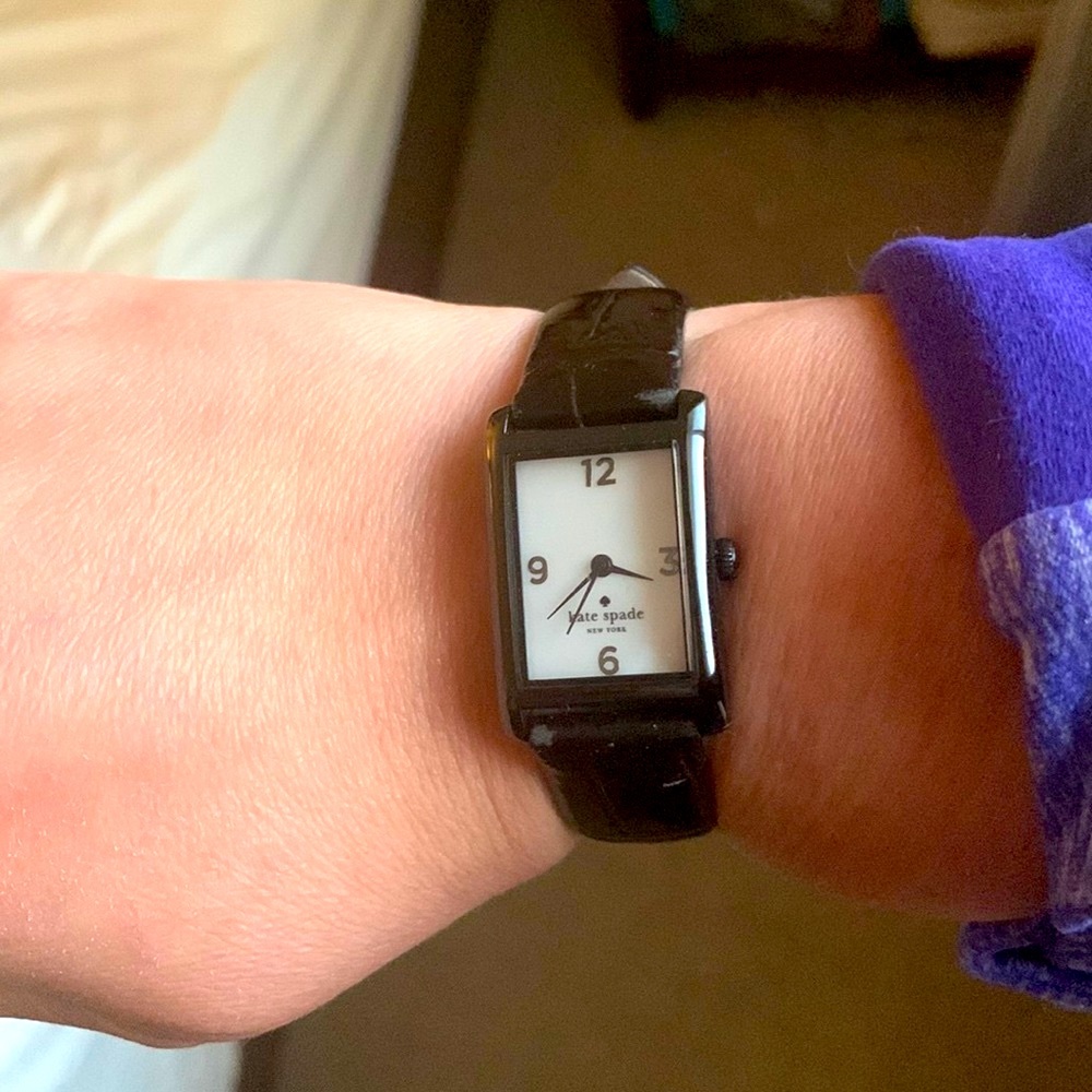 Kate Spade Black Textured Leather Watch with Pearl Face